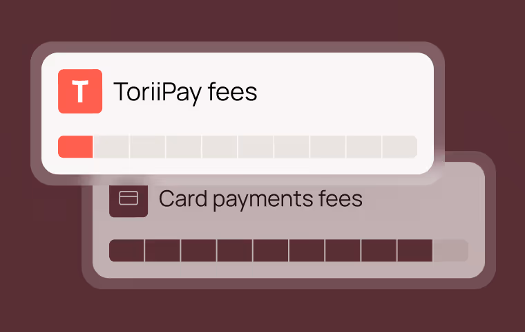 Comparison bars showing ToriiPay fees much lower than card payments fees.