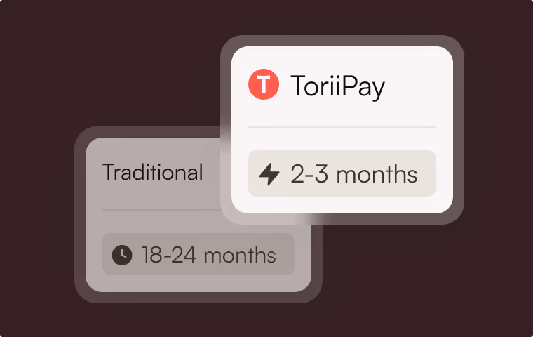 Comparison of ToriiPay and Traditional payment times, showing ToriiPay takes 2-3 months and Traditional takes 18-24 months.