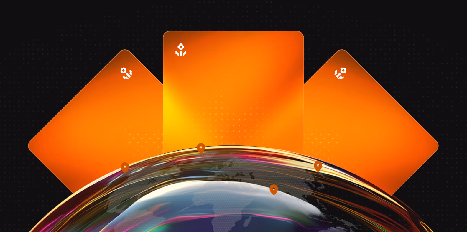 Three glowing orange panels with white pixel art icons above a stylized, curved globe with highlighted continents and map markers.