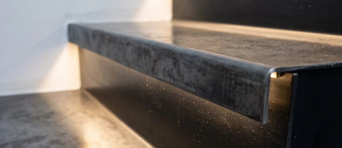 Marche d'escalier recouverte d'acier pliée avec éclairage LED
