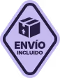 Etiqueta lila en forma de diamante con borde morado que muestra una caja y el texto 'ENVÍO INCLUIDO'.