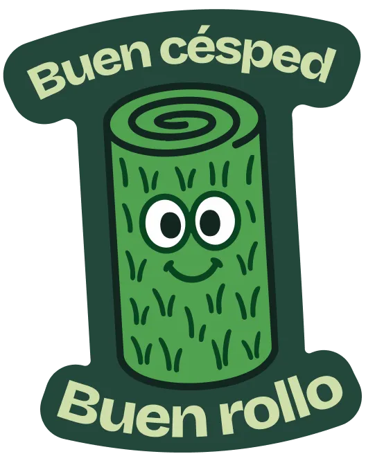 Dibujo de un rollo de césped con ojos y sonrisa, con el texto 'Buen césped Buen rollo' alrededor.