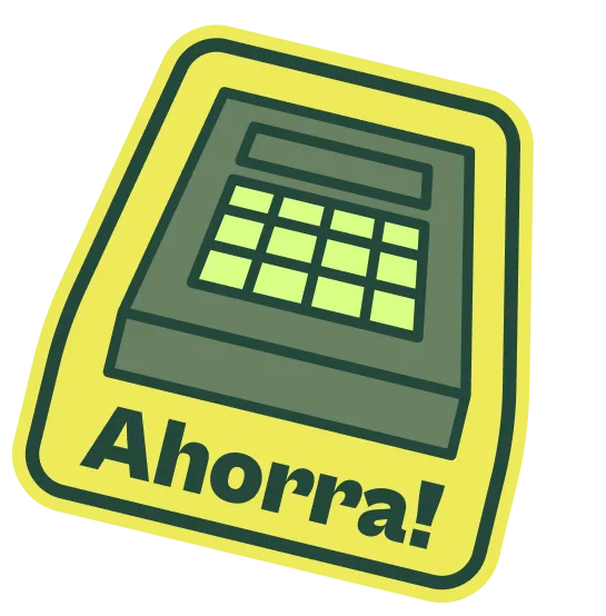 Ícono de calculadora verde con fondo amarillo y la palabra '¡Ahorra!' en negrita.