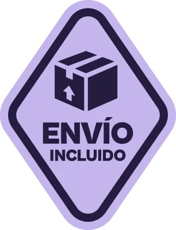 Etiqueta lila en forma de diamante con borde morado que muestra una caja y el texto 'ENVÍO INCLUIDO'.