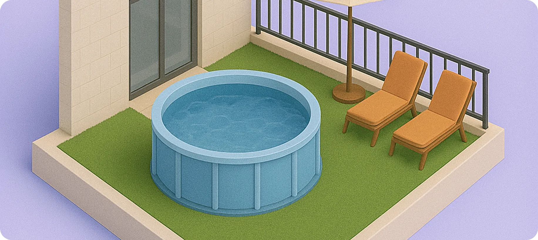 Terraza con piscina inflable azul, dos tumbonas marrones y un parasol sobre césped artificial junto a una puerta de cristal.