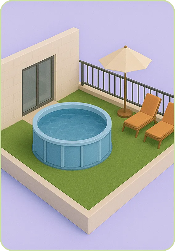 Área de terraza con piscina redonda azul, dos tumbonas marrones y una sombrilla beige junto a una puerta corrediza de cristal.