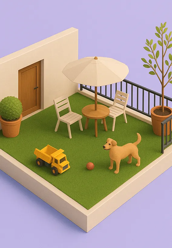 Terraza o azotea con césped artificial, dos sillas, una mesa con sombrilla, dos plantas en macetas, un perro beige, un camión de juguete amarillo y una pelota.