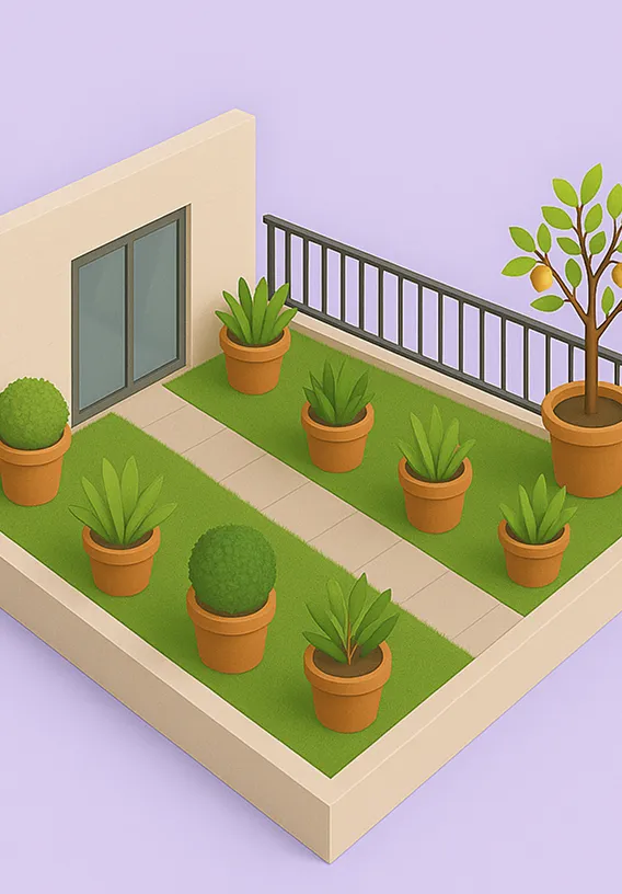 Terraza con plantas en macetas distribuidas alrededor de un camino que conduce a una puerta de vidrio corrediza.
