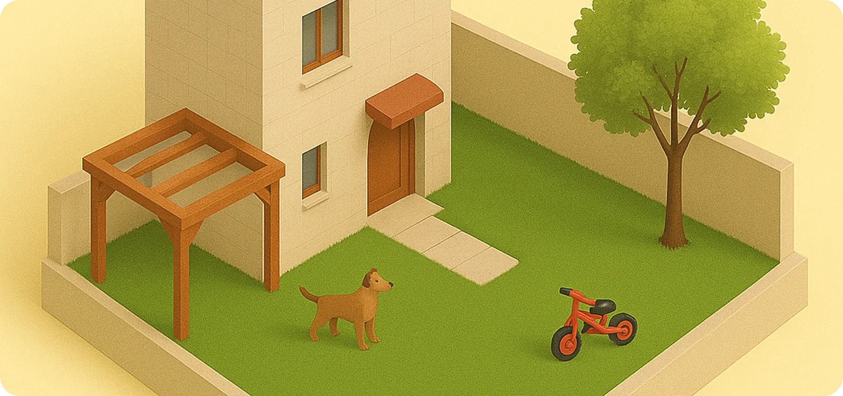 Patio con casa beige, árbol, bicicleta sin pedales roja y perro marrón en césped verde.