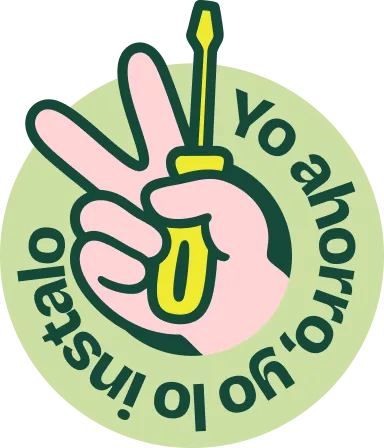 Mano haciendo un gesto de victoria y sosteniendo un destornillador amarillo con el texto "Yo ahorro, yo lo instalo" alrededor.