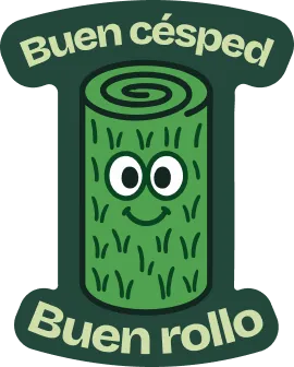 Dibujo animado de un rollo de césped con ojos y sonrisa, acompañado del texto 'Buen césped, buen rollo'.