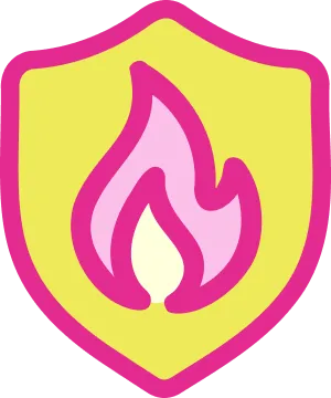 Escudo amarillo con borde rosa que contiene un icono de llama rosa y blanca en el centro.