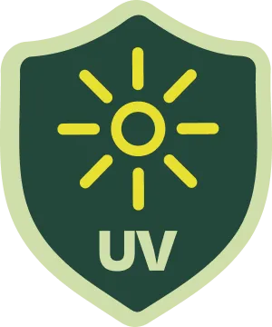 Escudo verde con un sol amarillo estilizado y las letras UV que representan protección contra rayos ultravioleta.