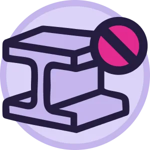 Icono de una viga de metal con un símbolo de prohibición en un círculo rosa y morado sobre fondo circular lila.