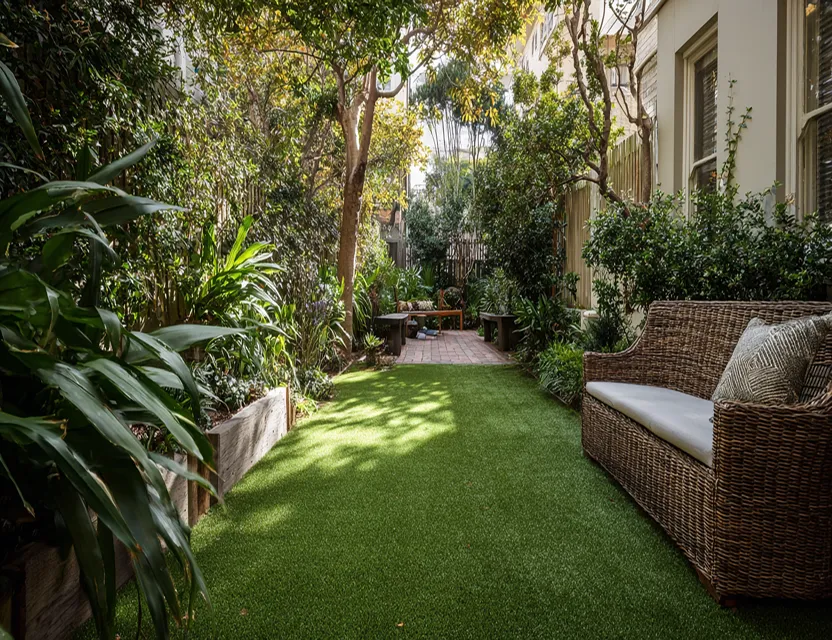Jardín estrecho con césped artificial, sofá de mimbre con cojines y plantas frondosas a los lados.
