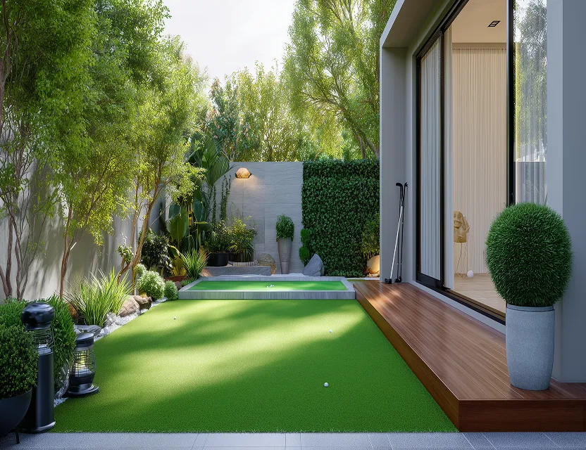 Patio moderno con césped artificial y área para jugar al golf junto a una casa con puertas corredizas de cristal, rodeado de árboles y plantas decorativas.