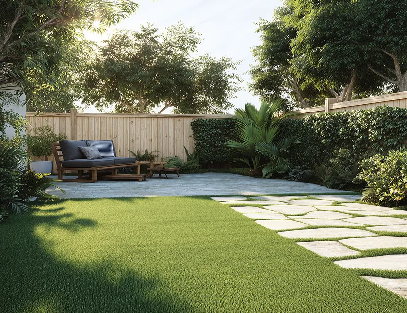 Jardín con césped artificial verde, camino de piedra y sofá de madera con cojines junto a una cerca de madera y plantas.