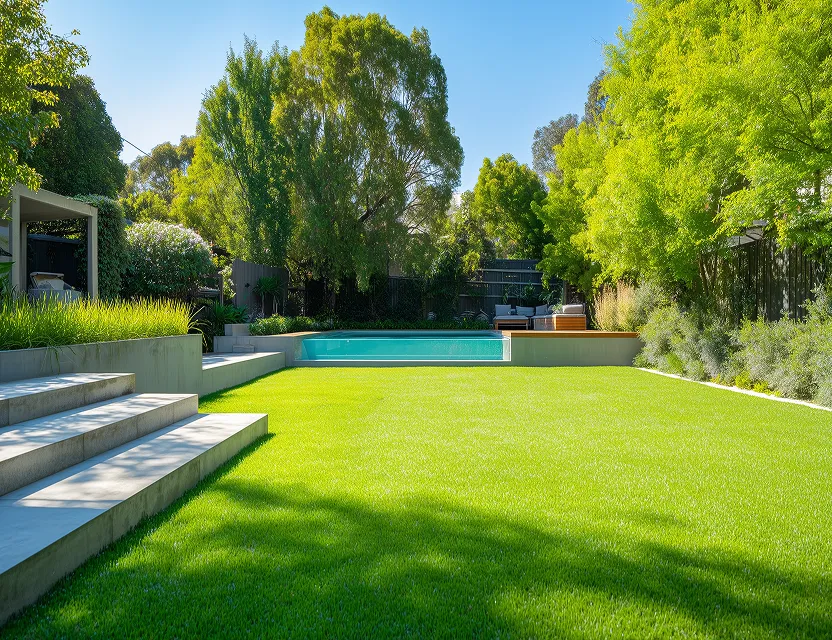 Jardín amplio con césped artificial verde, piscina al fondo y árboles frondosos bajo un cielo azul despejado.