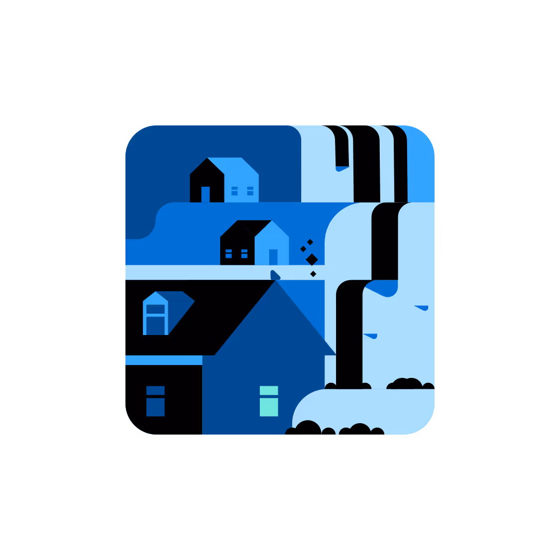 Bild Grafische Darstellung mehrerer blauer Häuser neben Wasserfällen und Bäumen in einem stilisierten Landschaftsbild.