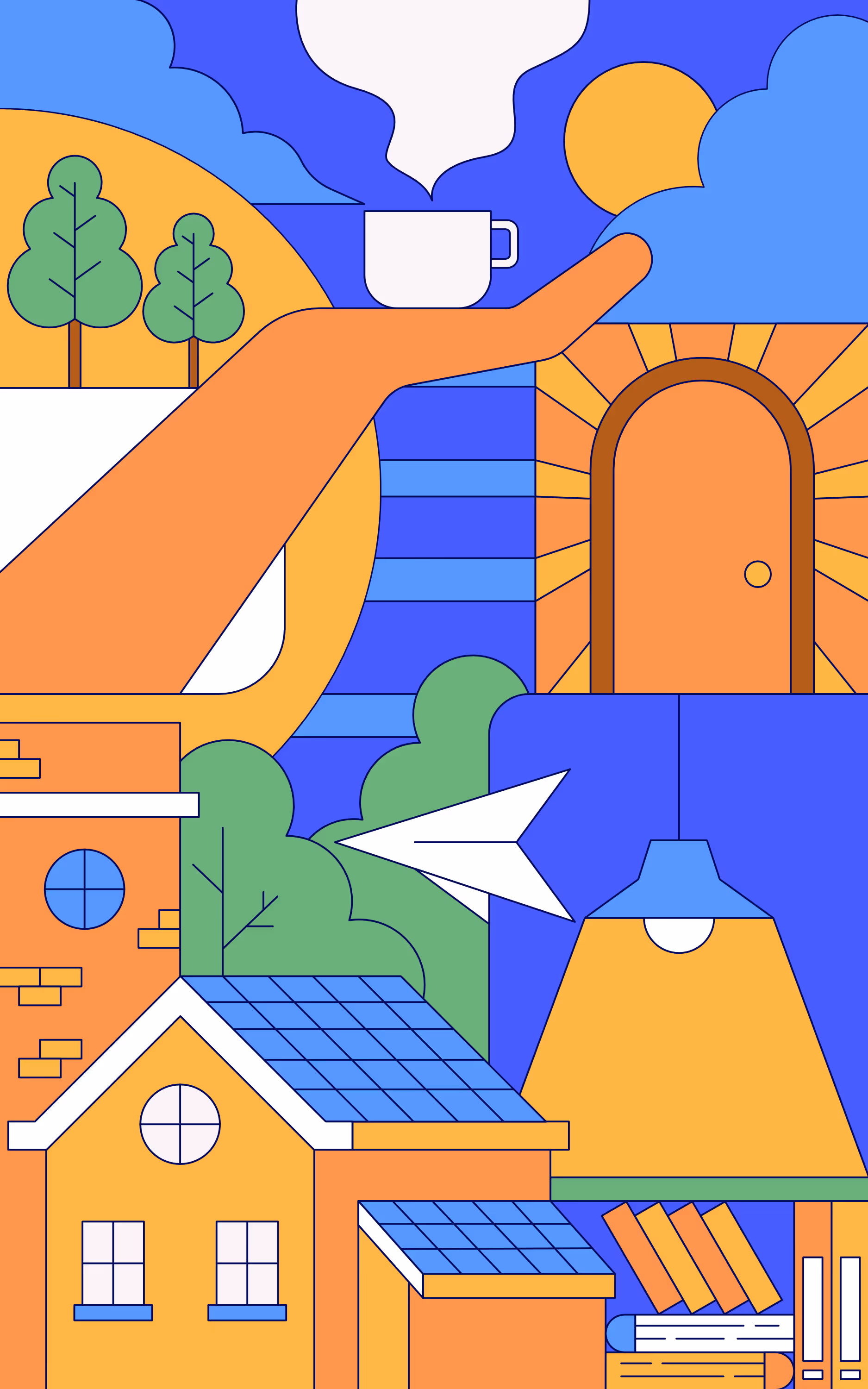 Bunte Illustration mit Häusern, Bäumen, einer Hand, die eine dampfende Tasse hält, einer leuchtenden Tür, einer Papierflugzeug und einer Lampe.