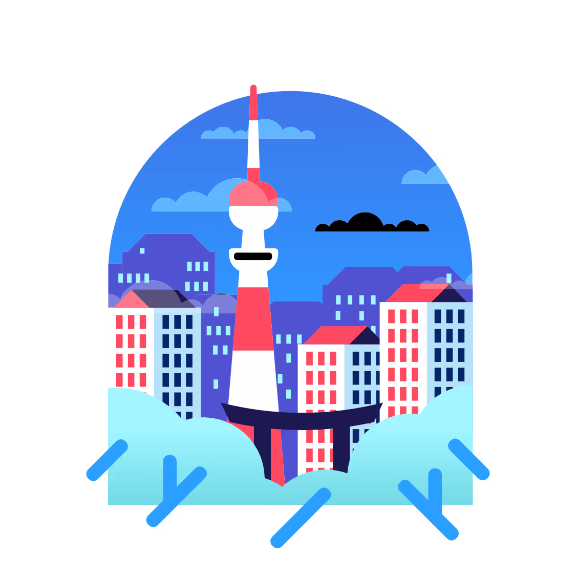 Illustration eines Fernsehturms mit rot-weißer Farbgebung vor städtischer Skyline mit Gebäuden unter blauem Himmel.