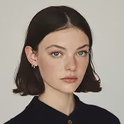 Portrait of a young woman with short dark hair and light eyes wearing a black top against a gray background.