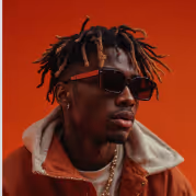 Man with dreadlocks wearing red-tinted sunglasses and a brown jacket with white fleece collar against red background.