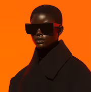 Portrait of a person with dark skin wearing large black sunglasses and a black coat against an orange background.
