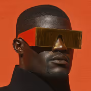 Portrait of a black man wearing large, futuristic gold sunglasses against an orange background.