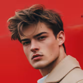 Close-up of a young man with styled brown hair against a red background.