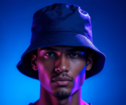 Portrait of a man wearing a black bucket hat with blue and purple lighting on his face against a dark blue background.