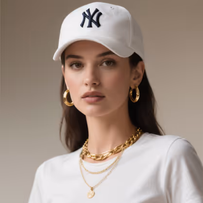Woman wearing a white New York Yankees cap, white shirt, and gold hoop earrings with layered gold necklaces.