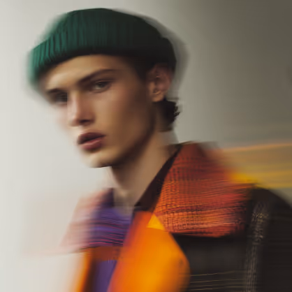 Blurred portrait of a young person wearing a green beanie and colorful clothing.