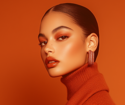 Woman with sleek pulled-back hair wearing large rectangular earrings and an orange turtleneck sweater against an orange background.