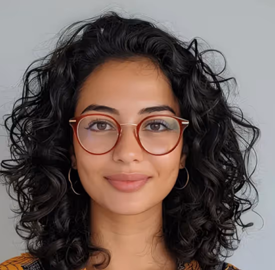 Portrait of a young woman with curly black hair, wearing round red glasses and hoop earrings, smiling softly against a grey background.