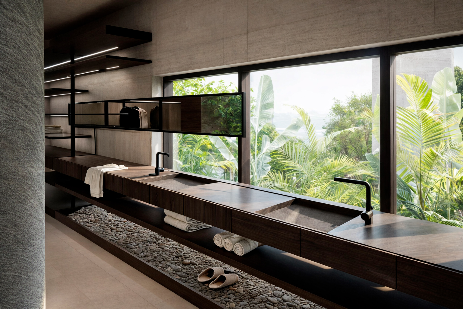 Modern bathroom with a long wooden double sink vanity, black faucets, folded towels, slippers, and large windows showing lush green tropical plants outside.