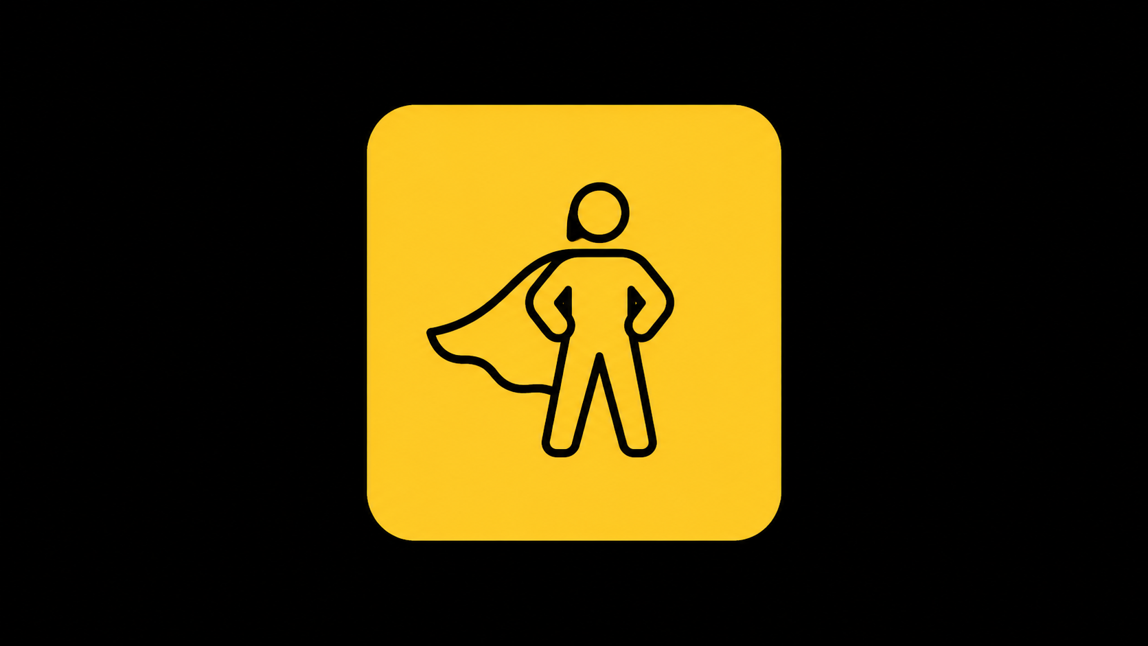 Icon of a person with a cape standing in a superhero pose on a yellow rounded square background.
