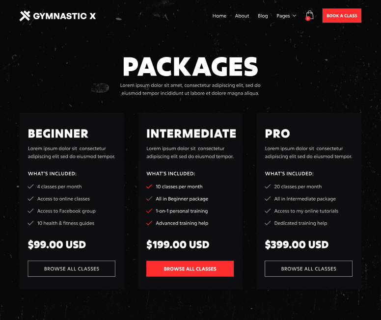 Gymnastic X - Packages Main Page - Gym Webflow Template