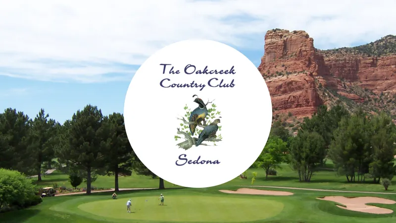 Golfers playing on a green at Oakcreek Country Club with pine trees and red rock formations in the background in Sedona.