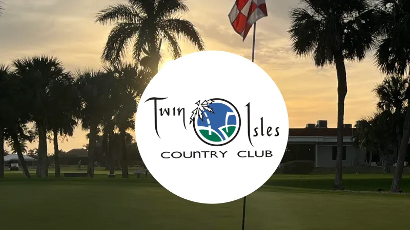 Twin Isles Country Club logo over a golf course scene with palm trees and sunset.