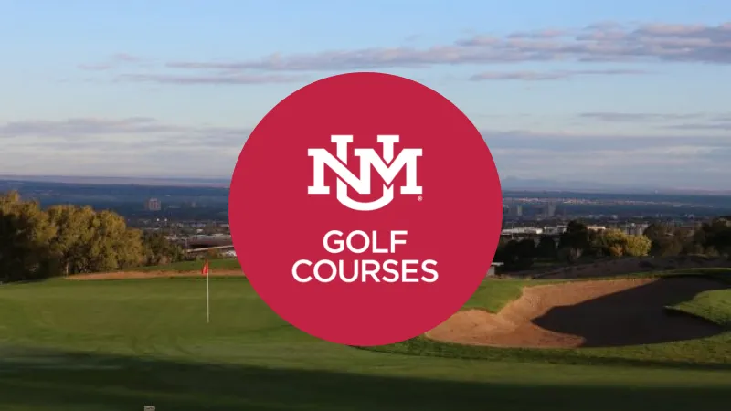 UNM Golf Courses logo over a golf course with green grass, sand bunker, and a cityscape background under a partly cloudy sky.