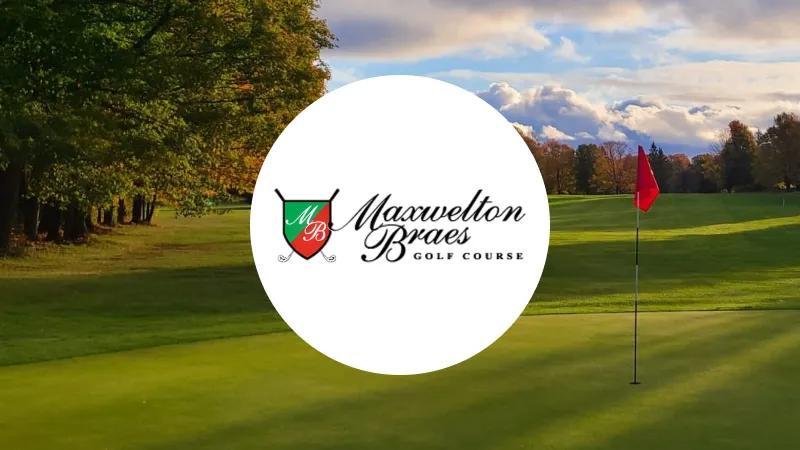 UNM Golf Courses logo over a golf course with green grass, sand bunker, and a cityscape background under a partly cloudy sky.