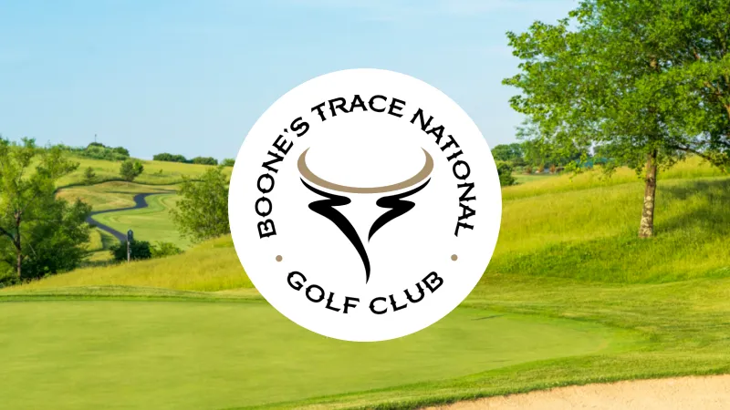 UNM Golf Courses logo over a golf course with green grass, sand bunker, and a cityscape background under a partly cloudy sky.