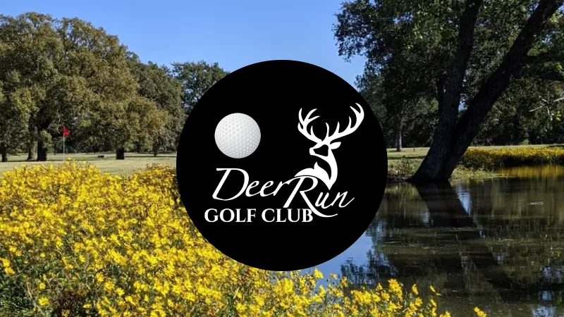 UNM Golf Courses logo over a golf course with green grass, sand bunker, and a cityscape background under a partly cloudy sky.