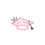 Pink outline of a graduation cap with a cursor clicking on the tassel.
