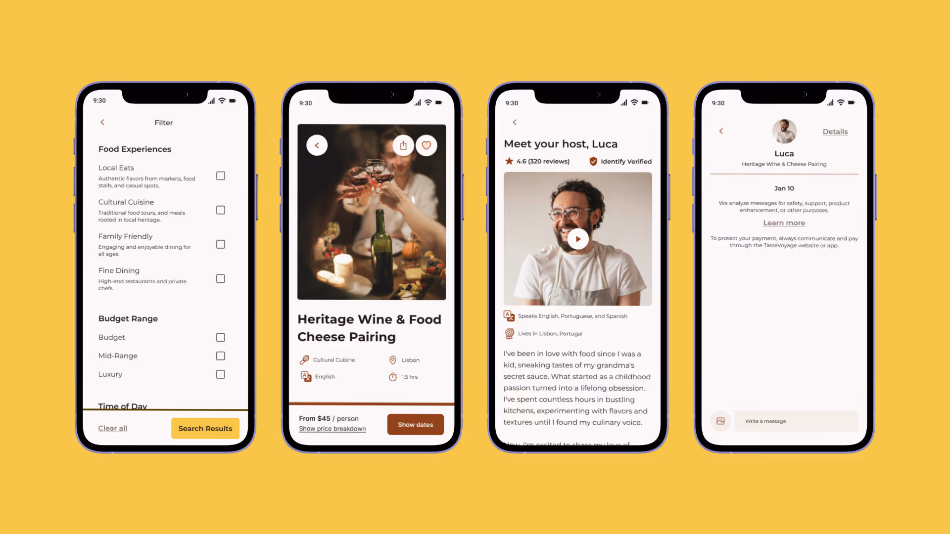 Four smartphone screens showing a food experience app: filter options, heritage wine and food cheese pairing details, host introduction for Luca with a video play button, and a message screen for Luca.