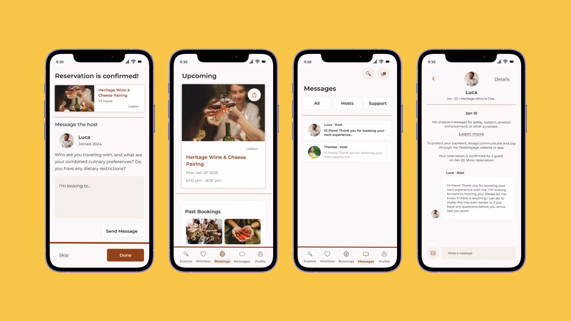 Four smartphone screens showing a reservation confirmation, upcoming event details, a message inbox with hosts, and a detailed message conversation with a host named Luca for a Heritage Wine & Cheese Pairing event.