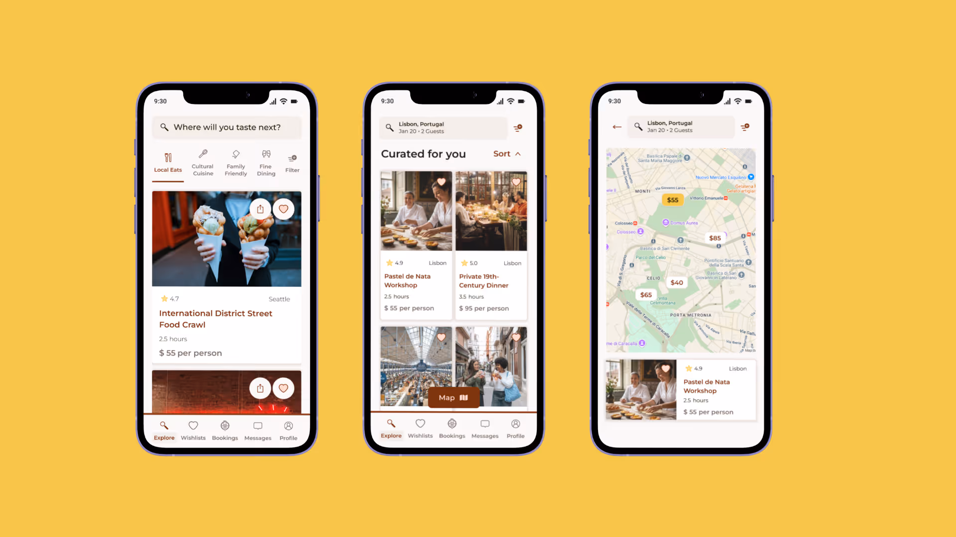 Three smartphone screens showing a food discovery app with local eats, curated food experiences, and a map with prices.