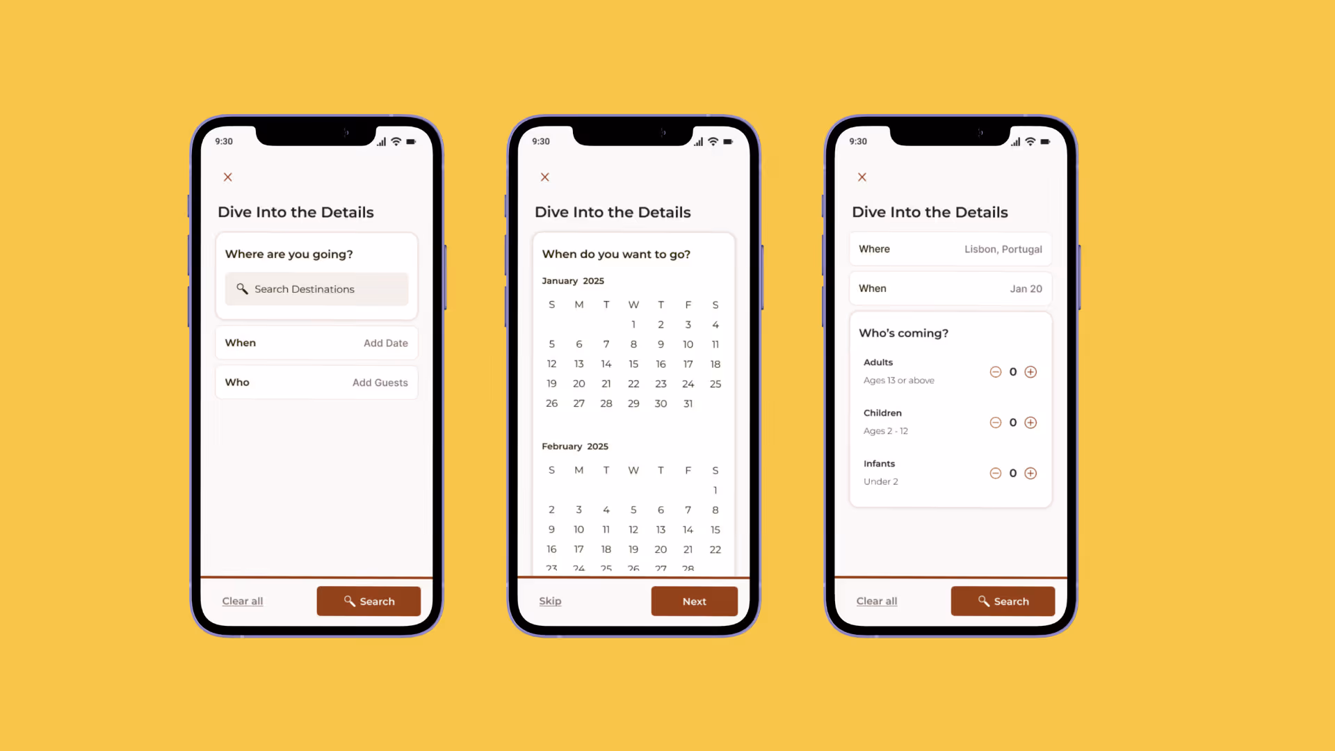 Three smartphones displaying a travel booking app with screens for entering destination, selecting travel dates on a calendar, and specifying the number of guests.