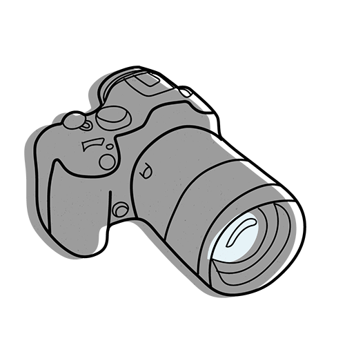 Black and white line drawing of a DSLR camera with a large zoom lens attached.